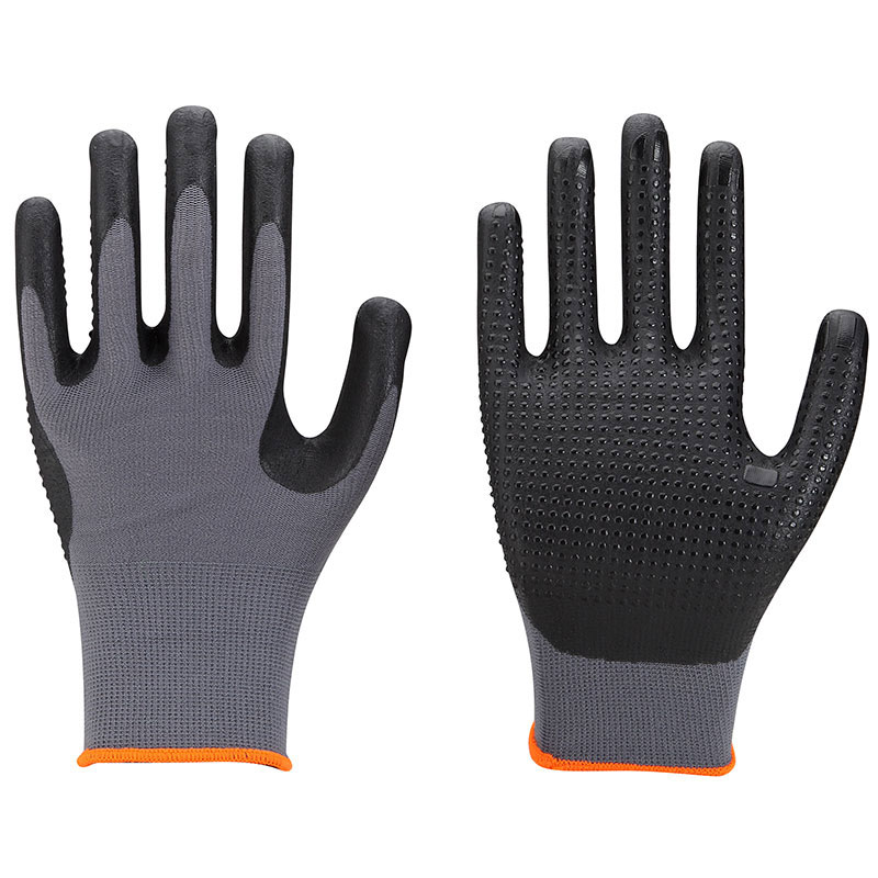 Model# DSGN07 15g Spandex & Nylon liner, Microfoam Bi-polymer Nitrile Coated Gloves with Nitrile Dotted